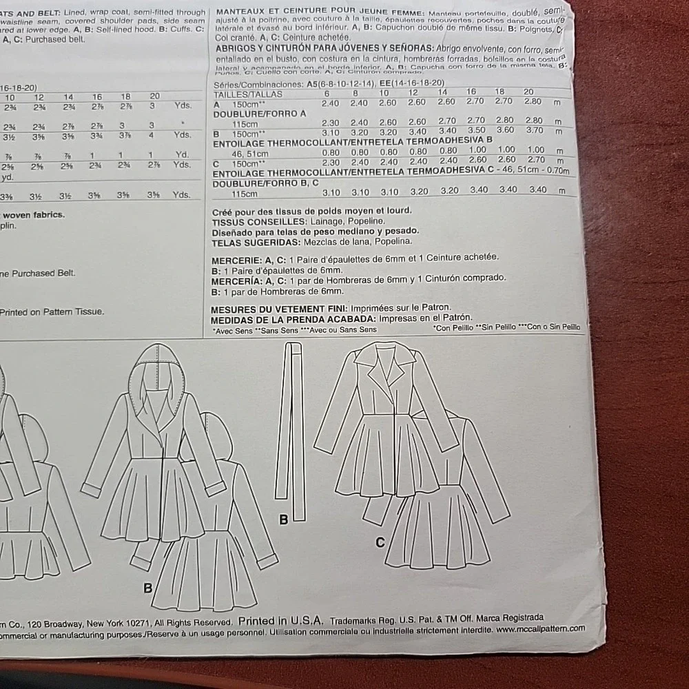 McCall's M6442 Wrap Coat Sewing Pattern Hooded Jacket Sz 6-14 UNCUT